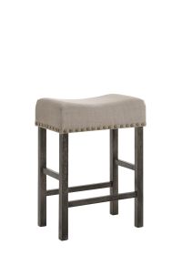 Wooden Counter Height Stool with Linen Upholstered Saddle Seat, Set of 2, Beige and Gray