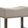 Wooden Counter Height Stool with Linen Upholstered Saddle Seat, Set of 2, Beige and Gray