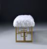 Modern Style Faux Fur Upholstered Bench with Geometrical Side Panels, White and Gold