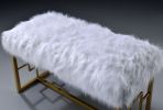 Modern Style Faux Fur Upholstered Bench with Geometrical Side Panels, White and Gold