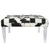 Cow Hide Upholstered Bench with Acrylic Legs, White and Black