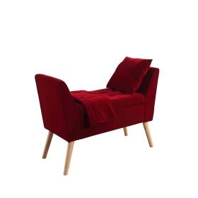 Button Tufted Wooden Storage Bench with Pillow and Blanket, Red