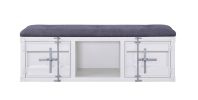 Metal Bench with Open Storage and Tufted Fabric Seat, White and Gray