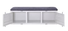 Metal Bench with Open Storage and Tufted Fabric Seat, White and Gray