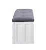 Metal Bench with Open Storage and Tufted Fabric Seat, White and Gray