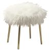 Faux Fur Upholstered Contemporary Metal Ottoman, White and Gold
