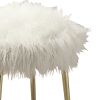 Faux Fur Upholstered Contemporary Metal Ottoman, White and Gold