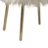 Faux Fur Upholstered Contemporary Metal Ottoman, White and Gold