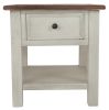 Chair Side End Table with 1 Cabinet and Pull Out Tray, White and Brown