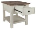 Chair Side End Table with 1 Cabinet and Pull Out Tray, White and Brown