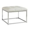 Leatherette Metal Frame Ottoman with Tufted Seating, White and Silver