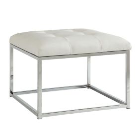 Leatherette Metal Frame Ottoman with Tufted Seating, White and Silver