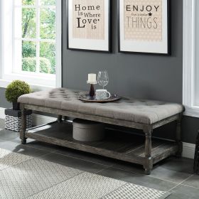 Fabric Upholstered Bench with Button Tufted Seat and Bottom shelf, Gray