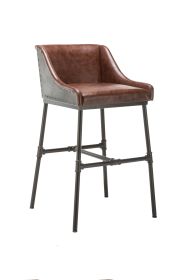 Leatherette Bar Stool with Riveted Metal Backing, Brown and Black