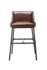 Leatherette Bar Stool with Riveted Metal Backing, Brown and Black
