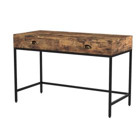 Industrial Grained Wooden Computer Desk with 2 Drawers, Brown and Black