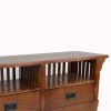 Wooden TV Stand with 2 Open Shelves and Slatted Back, Oak Brown