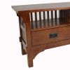 Wooden TV Stand with 2 Open Shelves and Slatted Back, Oak Brown