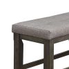 Wooden Counter Height Bench with Fabric Upholstered Seat, Brown and Gray