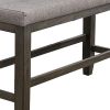 Wooden Counter Height Bench with Fabric Upholstered Seat, Brown and Gray