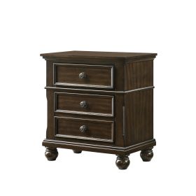 3 Drawer Wooden Nightstand with Molded Details and Metal Knobs, Brown