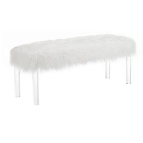 Contemporary Bench with Faux Fur Seat and Acrylic Legs, White and Clear