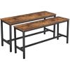 Wooden Top Indoor Bench with Metal Legs, Set of 2, Rustic Brown and Black