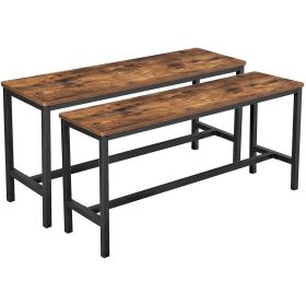 Wooden Top Indoor Bench with Metal Legs, Set of 2, Rustic Brown and Black