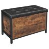 32 Inch Industrial Button Tufted Flip Top Storage Bench, Vegan Faux Leather, Black, Rustic Brown
