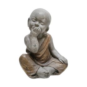 Polyresin Baby Monk Figurine with Covered Mouth, Weathered Gray
