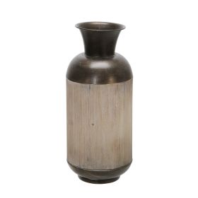 15 Inch Metal Jar with Wooden Accent and Flared Opening,Black and Brown