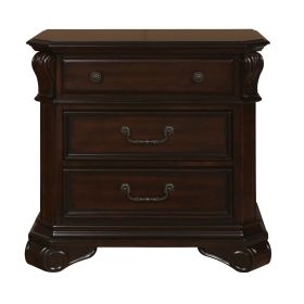 3 Drawer Wooden Nightstand with Molded Details and Metal Pulls, Brown