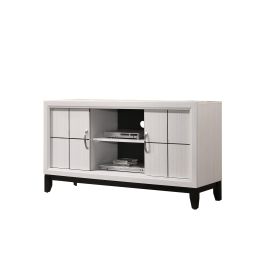Wooden TV Stand with 2 Drawers and 2 Open Compartments, White and Black