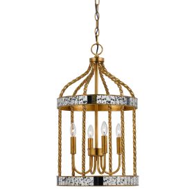 25 Inch Metal Chandelier Pendant, Bird Cage Design, Woven Rope, Gold