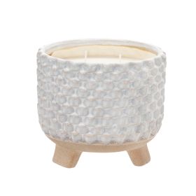 8 Inch Textured Ceramic Scented Pot Candle with Legs, White and Beige