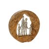 Round Wooden Sculpture with Family in Open Center, Brown and Silver