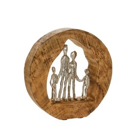 Round Wooden Sculpture with Family in Open Center, Brown and Silver