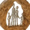 Round Wooden Sculpture with Family in Open Center, Brown and Silver