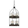 Two Tier Pendant Fixture with Round Wooden and Metal Frame, Brown and Black