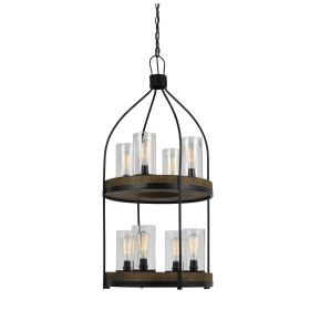 Two Tier Pendant Fixture with Round Wooden and Metal Frame, Brown and Black