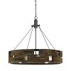 9 Bulb Round Wooden Frame Chandelier with Geometric Cut Out Design, Brown