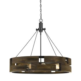 9 Bulb Round Wooden Frame Chandelier with Geometric Cut Out Design, Brown