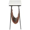 Marble Top Accent Table with Faux Leather Swing Holder, White and Brown