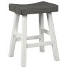 25 Inch Wooden Saddle Stool with Angular Legs, Set of 2, Brown and White