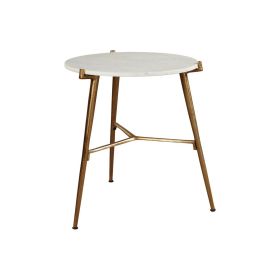 Round Marble Top  Accent Table with Angled Metal Legs, Gold and White