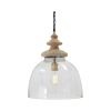 Glass Dome Pendant Light with Wood Finial Crown Top, Brown and Clear