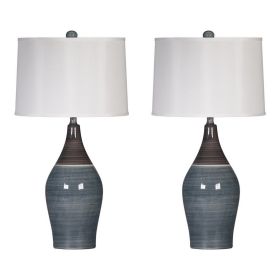 Pot Bellied Ceramic Table Lamp with Brushed Details,Set of 2,Gray and White