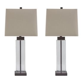 Glass and Metal Base Table Lamp with Square Shade, Set of 2, Clear and Gray
