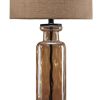 Glass Table Lamp with Fabric Drum Shade, Gold and Beige