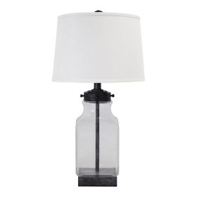 Smoky Glass Frame Table Lamp with Fabric Shade, Light Gray and Clear